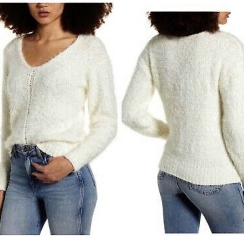 BP Womens 2X Ivory Eyelash V Neck Chenille Long Sleeve Pullover Sweater